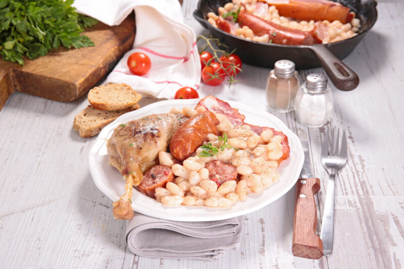 plate of cassoulet, with meats and white beans