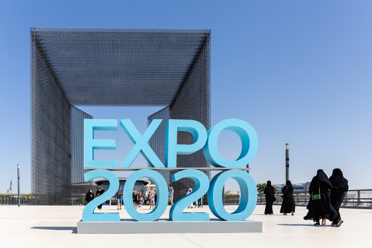 Expo 2020 blue logo sign, Expo 2020 Dubai