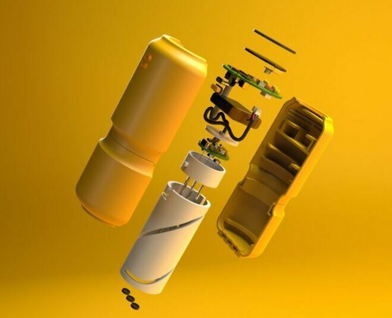 yellow cylinder broken in two with inside parts showing on yellow background