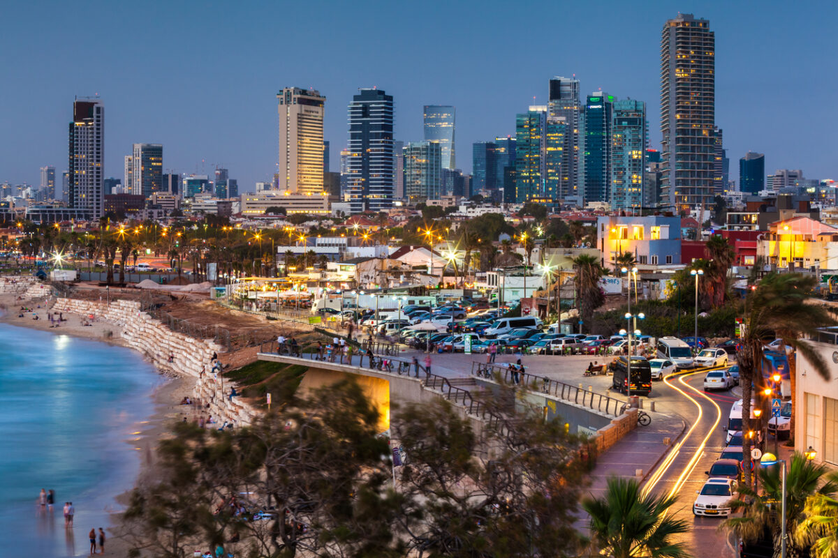 Skyline scene of tel aviv at dusk with lots of skyscrapers and lights