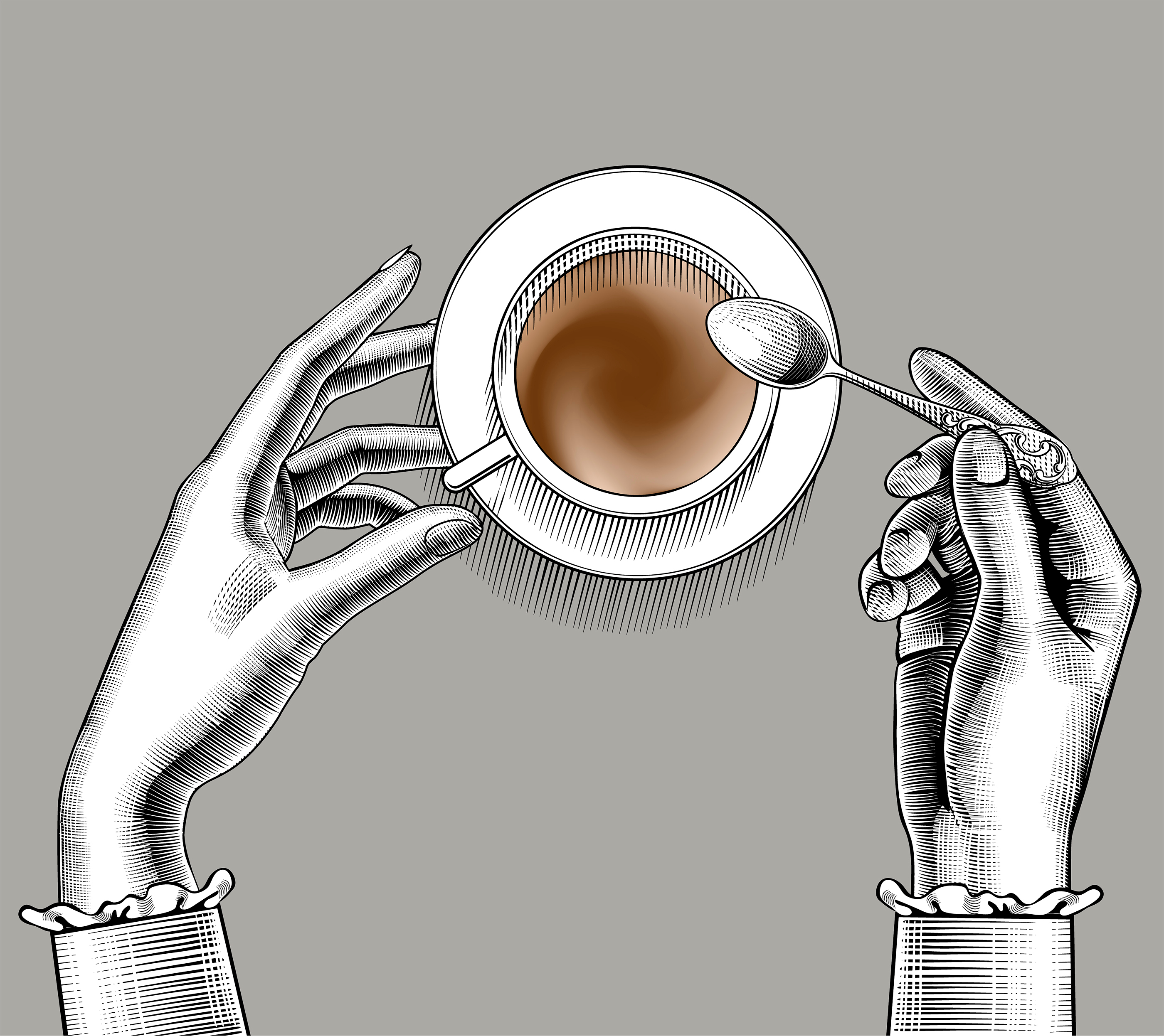 Woman's,Hands,With,A,Coffee,Cup,And,Spoon.,Vintage,Engraving