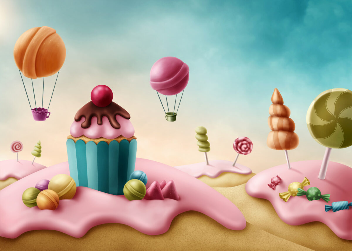 cartoon of a candy land with cupcakes and sweets and candy floss