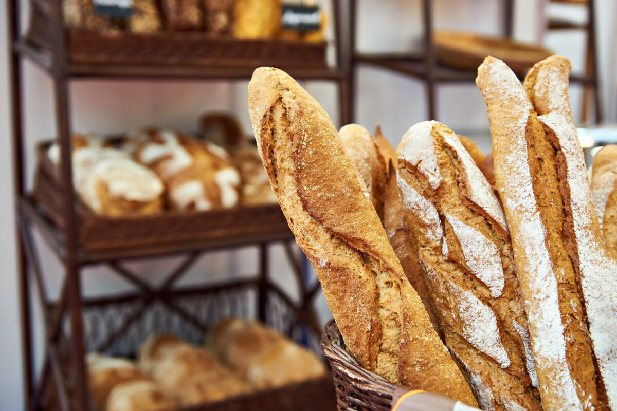 stack of baguettes in a bakery