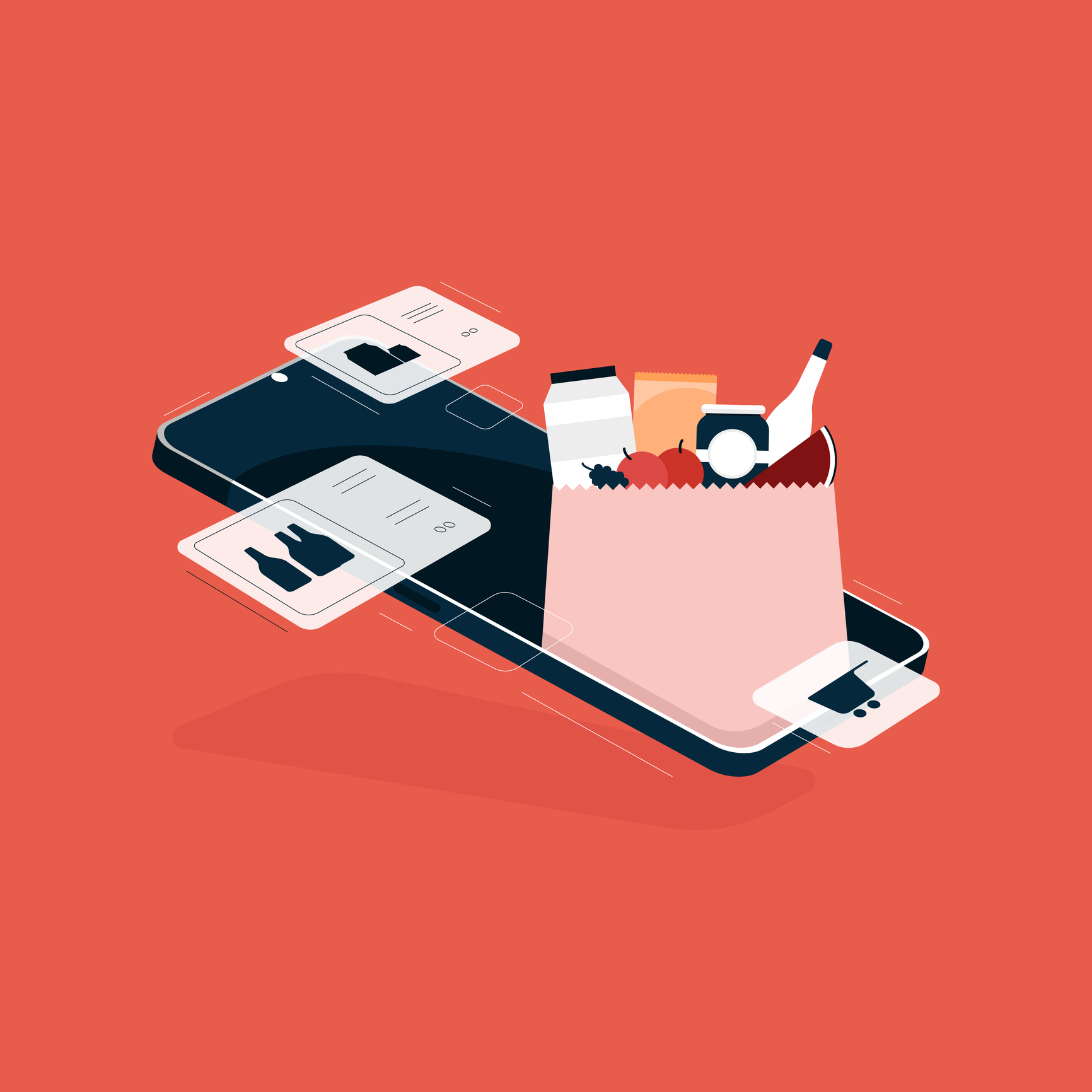 Paper bag full of grocery on mobile phone illustration
