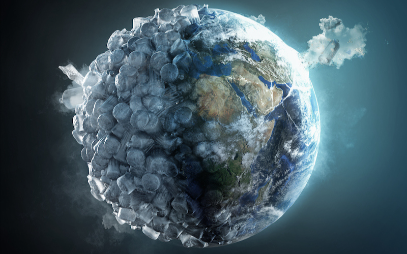 The earth with one side overrun by garbage bags, illustrating the issue of plastic pollution