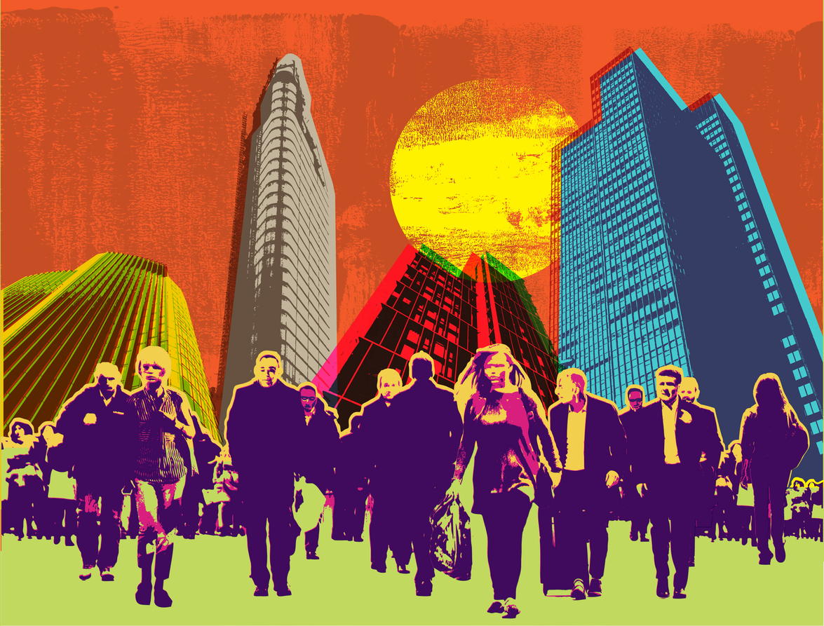 workers in the city with skyscrapers