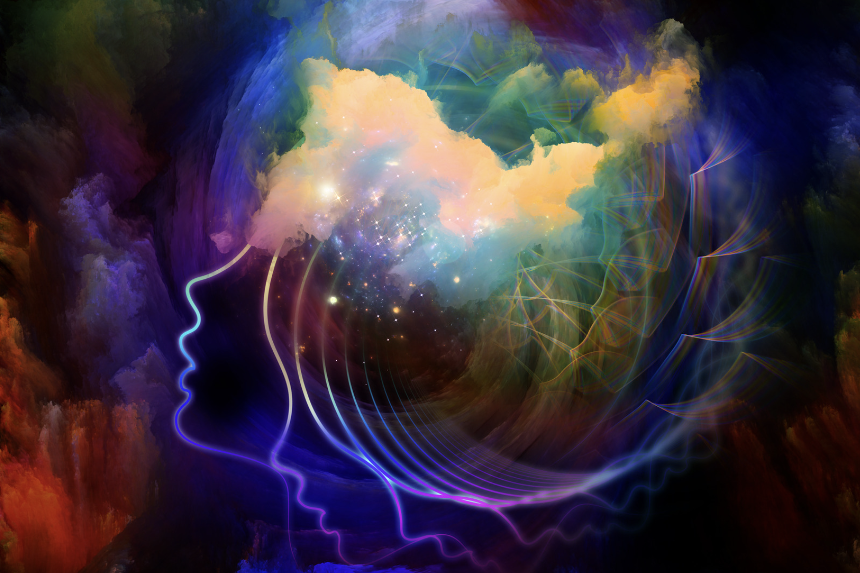 An outline of a women's face, her brain a multi-coloured cloud of dust and smoke representing the science of flavour/psychology of taste