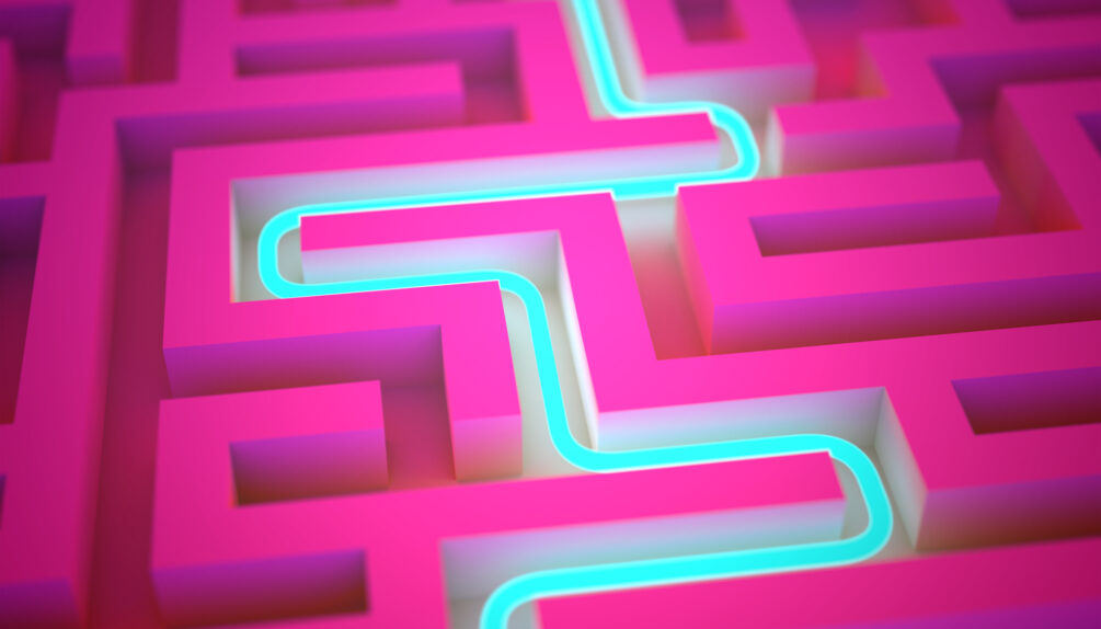 Blue neon path across abstract endless labyrinth
