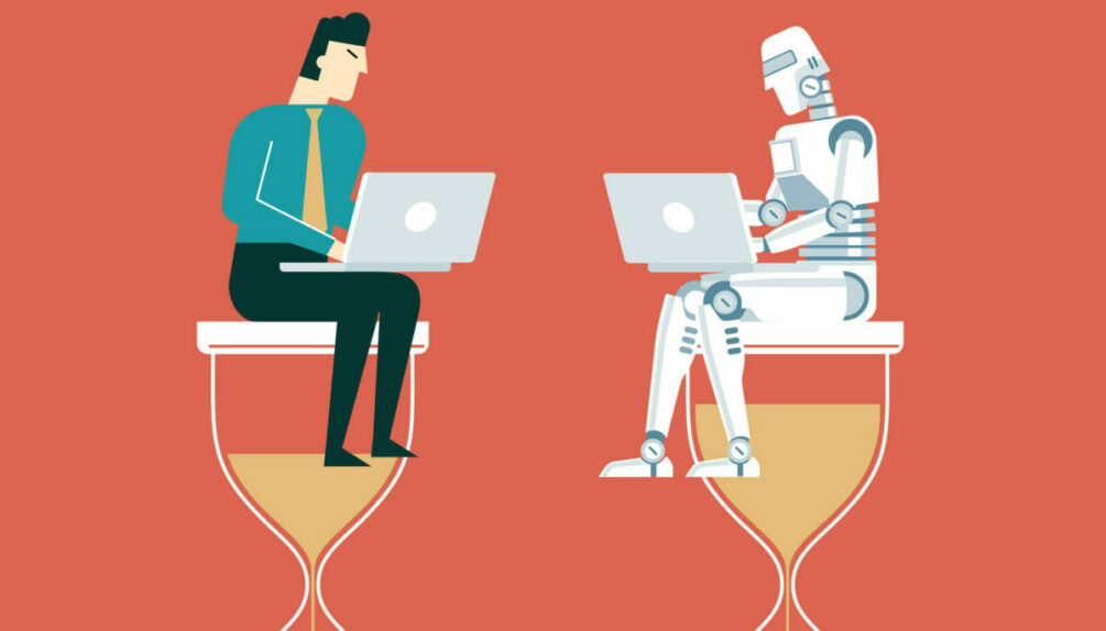 cartoon man and robot sitting on top of sand timer