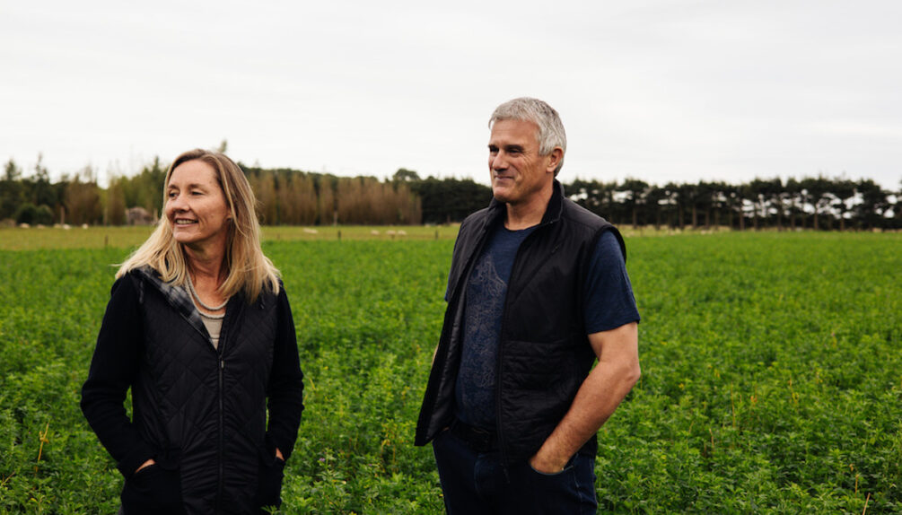 Leaft co-founders Maury Leyland penno and Dr John Penno standing in field of green plants