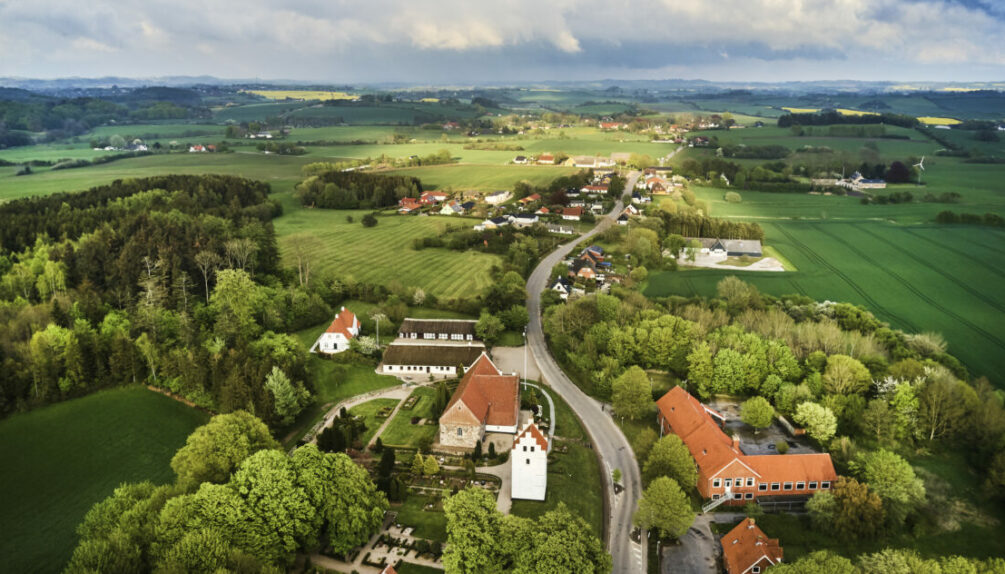 danish countryside town aerial shot