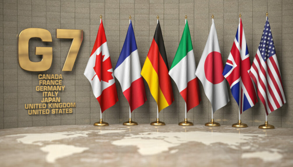 wall with flags at g7 summit from representative countries