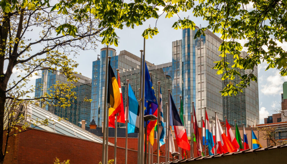 european flags flying outside of the commission building