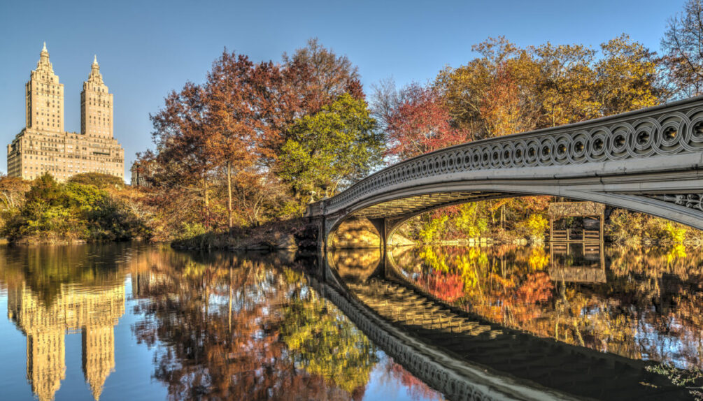cast iron bridge in Central Park, New York City, blue sky and sunshine on autumnal leaves