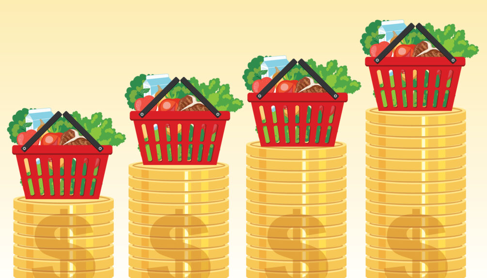 Shopping baskets filled with food on top of a stack of coins