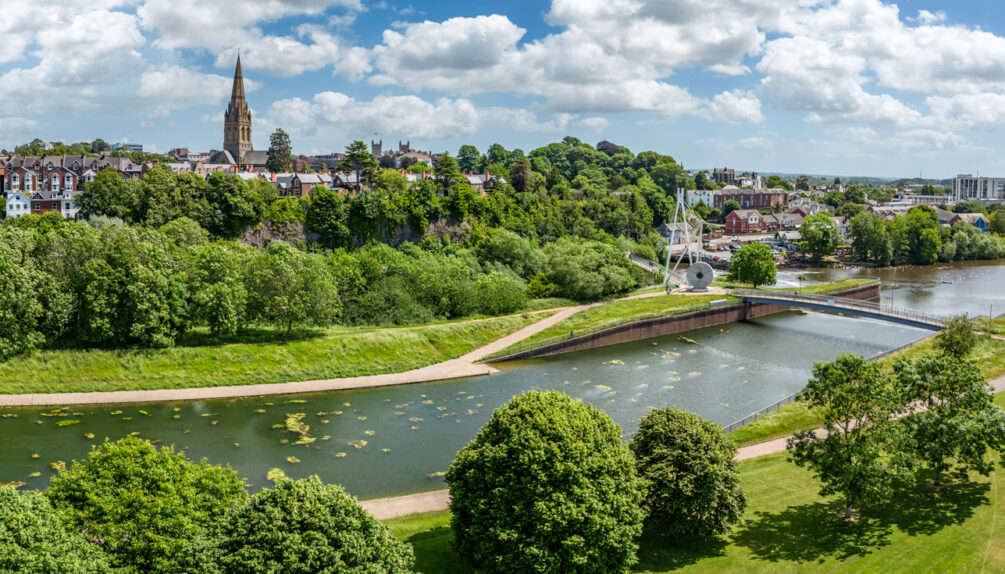 aerial shot of Exeter with lots of greenery