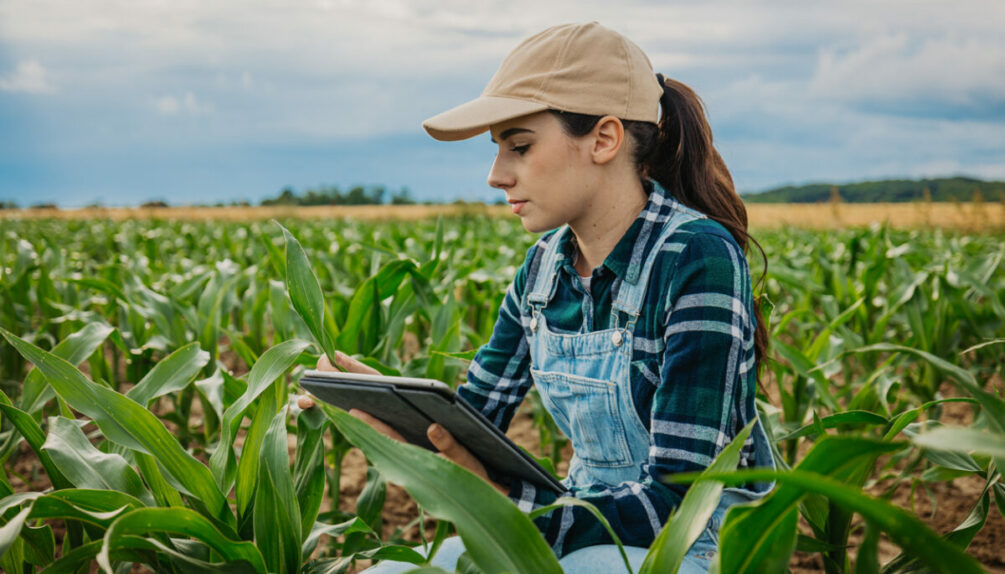 Female agronomist wearing cap examining leaves of corn crops while using digital tablet in farm