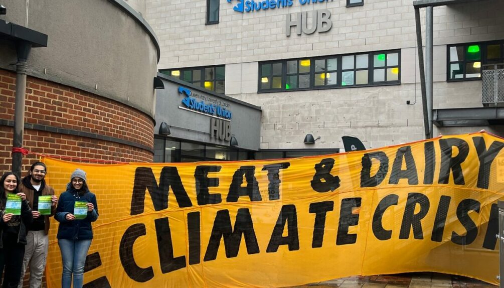 young campaigners standing in front of grey building with yellow banner
