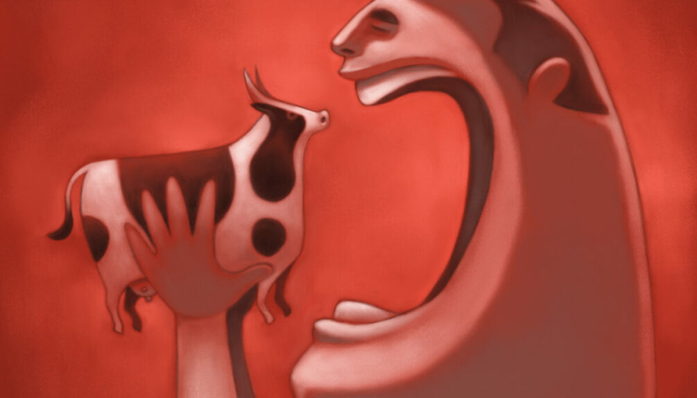 man going to eat a cow illustration