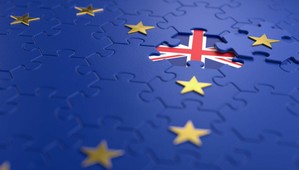 The idea of a 'Brexit' represented via jigsaw puzzle. 3D rendering graphics.