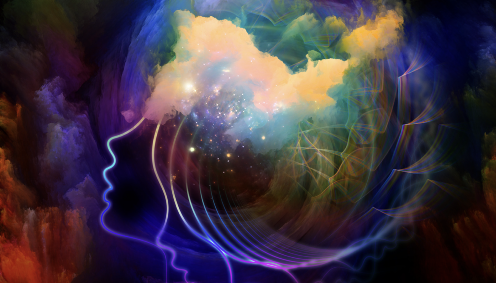 An outline of a women's face, her brain a multi-coloured cloud of dust and smoke representing the science of flavour/psychology of taste