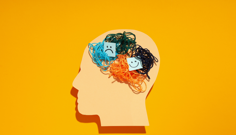 A cardboard cutout of a head with muddled string in the brain and a smily/frowning face. Placed against a yellow background.