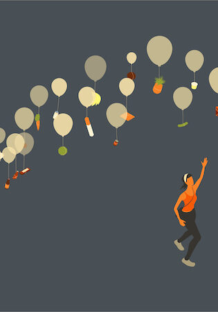In this inflation concept illustration, dozens of groceries tied to colorless balloons float away from the shopping cart where they had been placed. Two children, a boy and a girl, watch as their mother chases and leaps in an attempt to get the groceries back, but they have gotten too high and out of reach. Isometric vector is presented in a 16x9 format over a dark gray background.