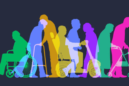 Overlapping silhouettes of elderly or old age people, raging population. Nutrition and age