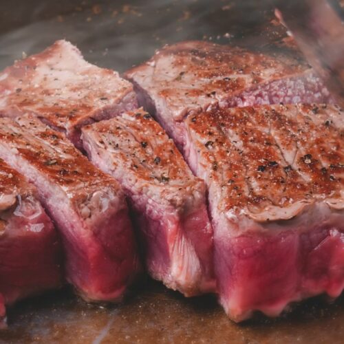lab-grown Wagyu beef steak cooking