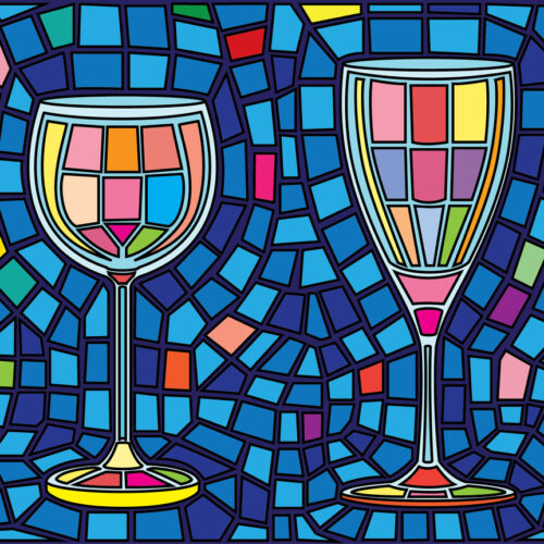 multicolored glass bright on blue background and colorful texture. door and window decoration.