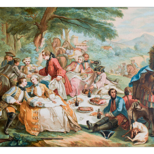 Antique illustration of outdoor party lunch during hunting