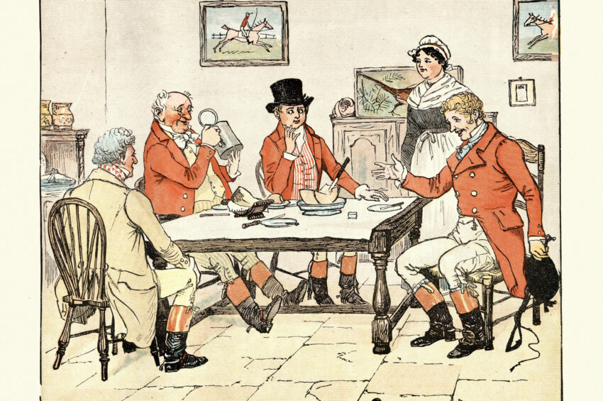 Huntsmen having beer and lunch in a country pub, Victorian
